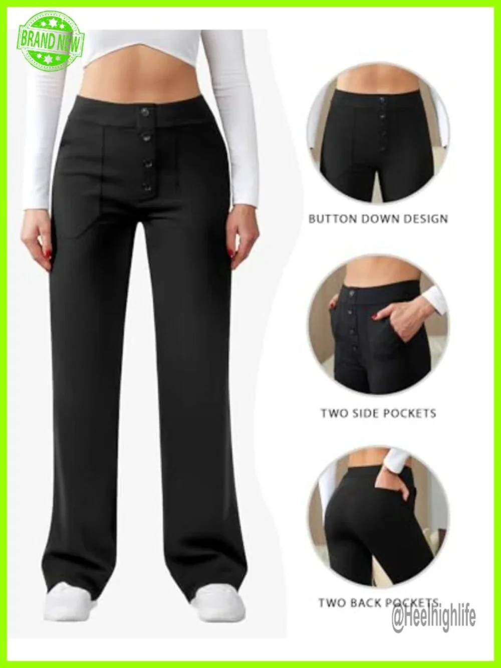 Women's High Waist Straight Leg Work Pants Stretchy Button Pocket Trousers